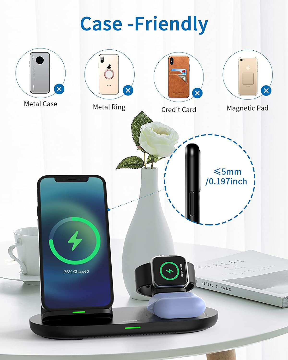 3 in 1 Wireless Charging Station for Apple Product, Wireless Charging Pad for Apple Watch, Airpods Pro/2, Wireless Charger Stand for Iphone 12/12 Pro/12 Pro Max/Se2(No Included Iwatch Cable)