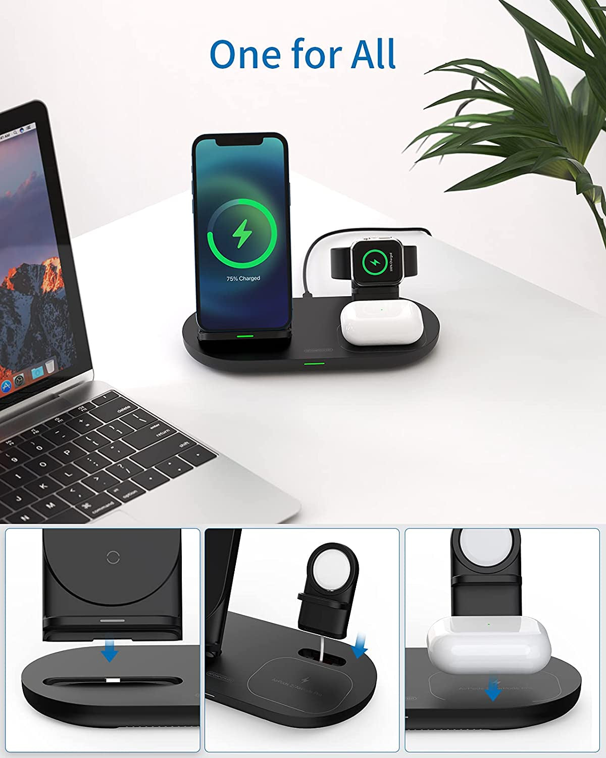 3 in 1 Wireless Charging Station for Apple Product, Wireless Charging Pad for Apple Watch, Airpods Pro/2, Wireless Charger Stand for Iphone 12/12 Pro/12 Pro Max/Se2(No Included Iwatch Cable)